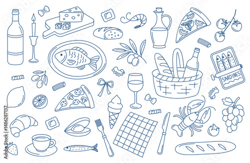 Mediterranean food and picnic doodle set in blue. Hand drawn line art of italian, french and seafood cuisine. La  dolce vita table settings, cafe and  restaurant  menus, branding. Vector isolated.