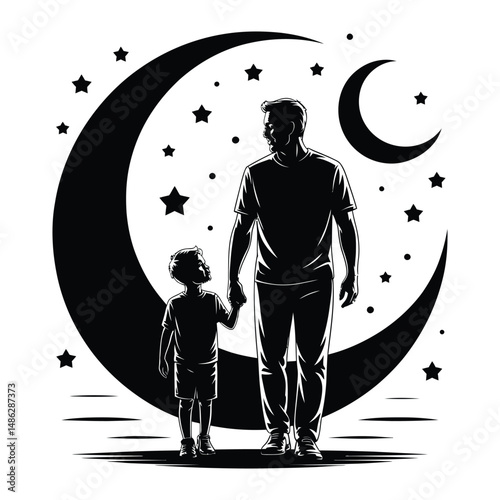 Father and Son Silhouette Under Moon and Stars | Transparent Background Isolated Vector Design
