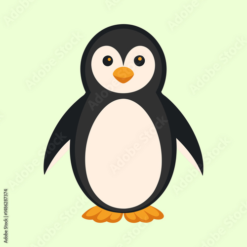 Simple and cute cartoon penguin standing upright on a light green background