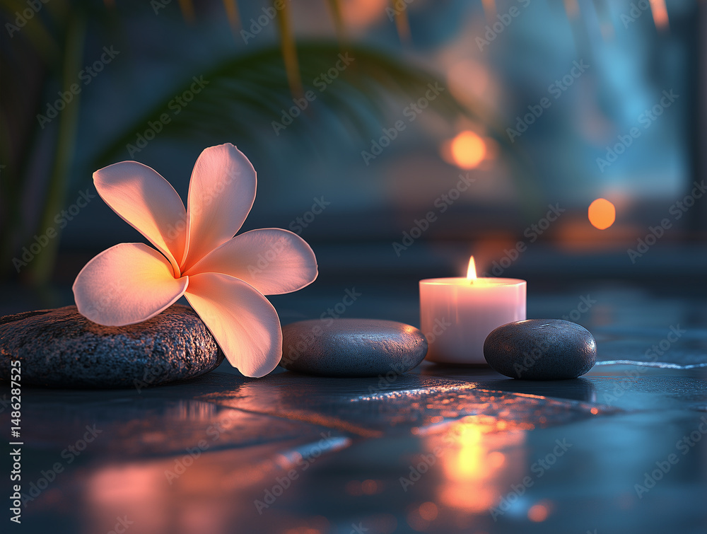 Frangipani flower, hot stones and candle in soft spa lighting with massage room background, tropical ambiance symbolizing Balinese relaxation, holistic therapy and wellness in a peaceful setting with