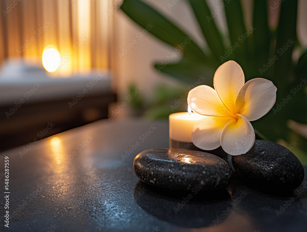 Frangipani flower, hot stones and candle in soft spa lighting with massage room background, tropical ambiance symbolizing Balinese relaxation, holistic therapy and wellness in a peaceful setting with
