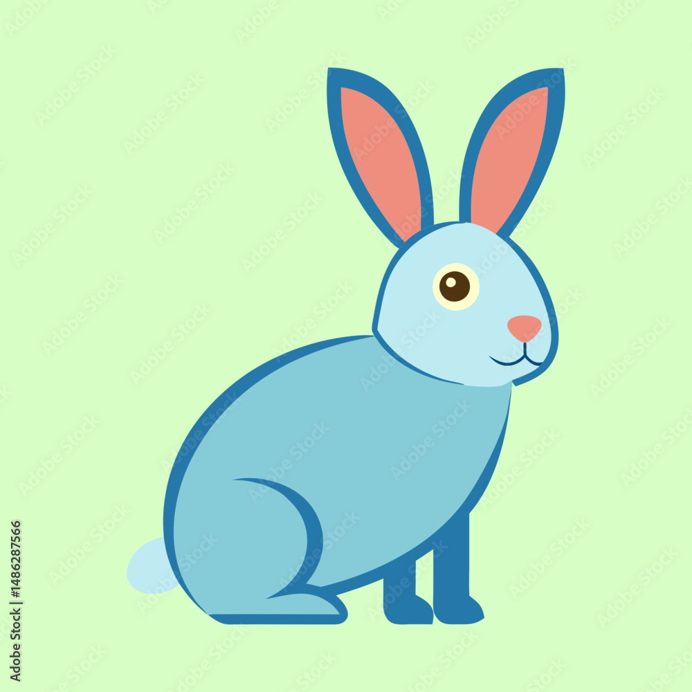 Fototapeta premium Stylized blue bunny rabbit with long ears sitting on green background