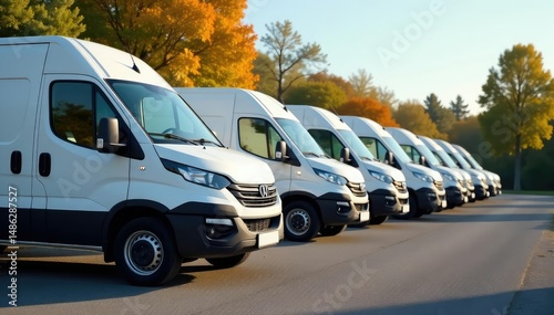 A line of company vans parked in a row, ready for deliveries , vehicles, delivery vans