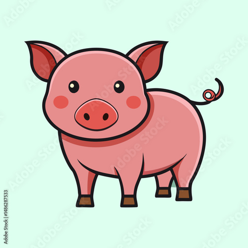 Cute cartoon pig with curly tail standing against a light blue background