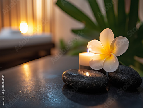Obraz na płótnie Frangipani flower, hot stones and candle in soft spa lighting with massage room background, tropical ambiance symbolizing Balinese relaxation, holistic therapy and wellness in a peaceful setting with w salonie