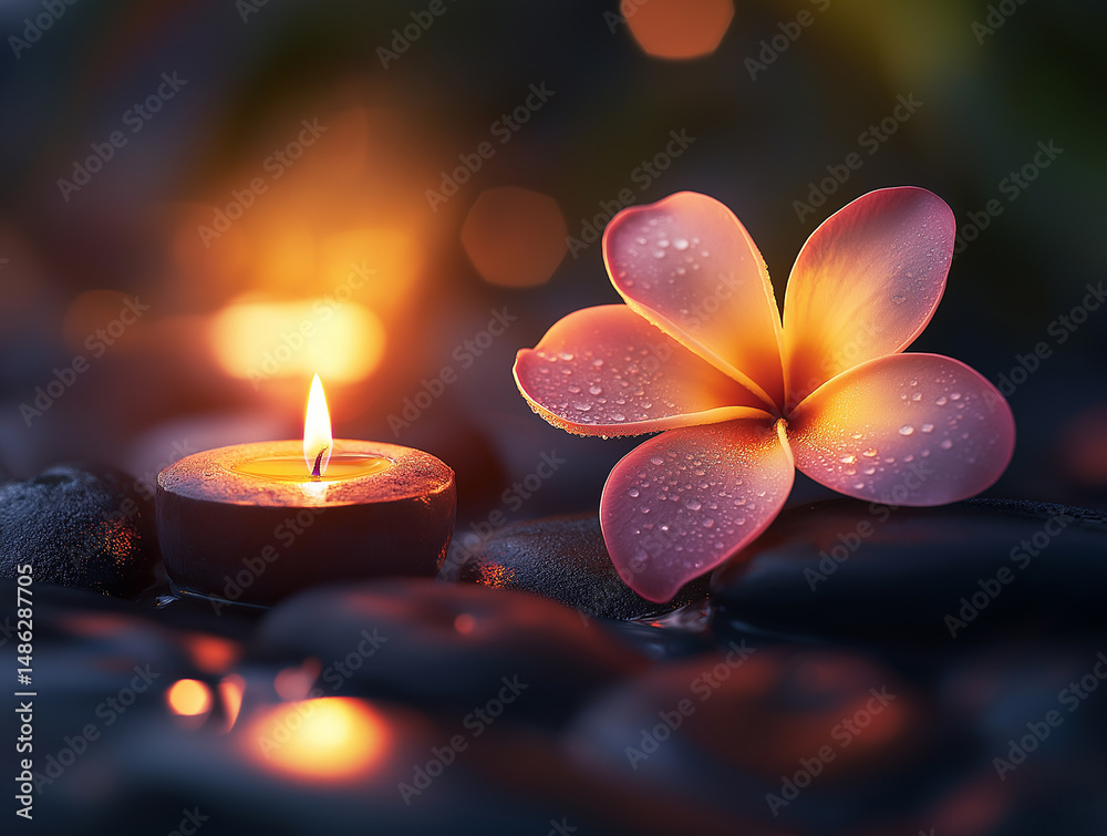 Frangipani flower, hot stones and candle in soft spa lighting with massage room background, tropical ambiance symbolizing Balinese relaxation, holistic therapy and wellness in a peaceful setting with