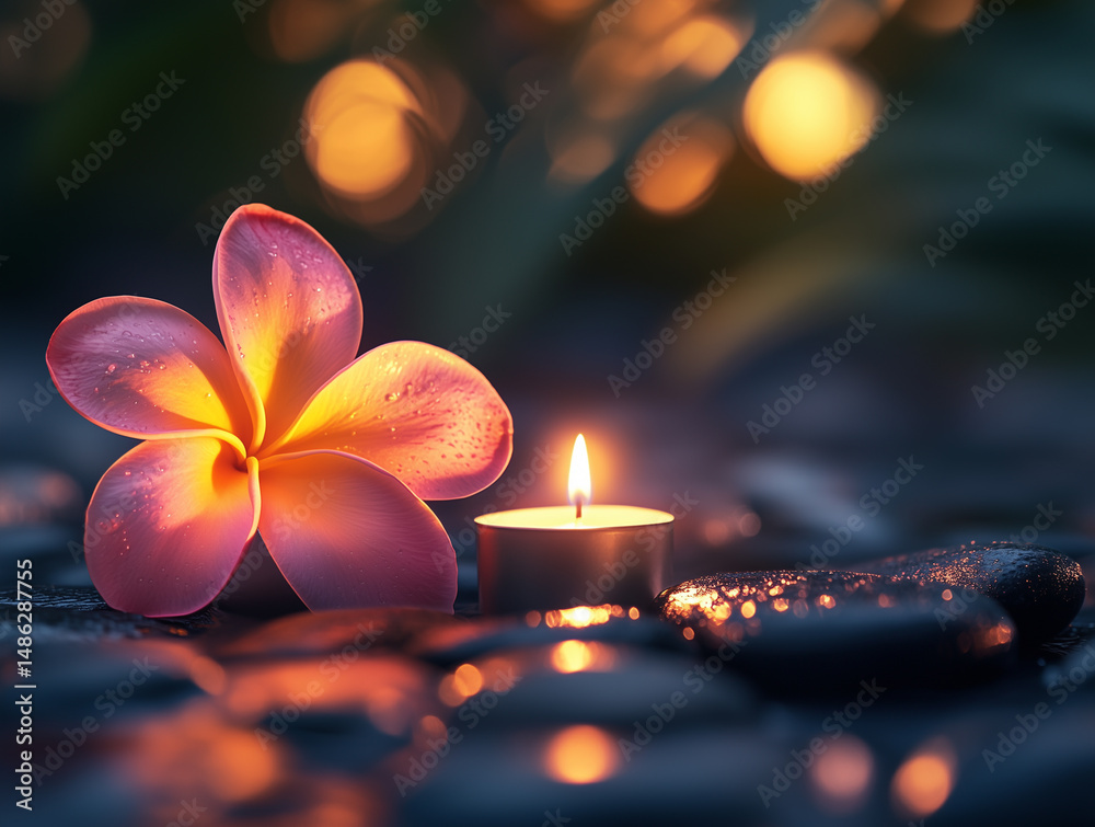 Frangipani flower, hot stones and candle in soft spa lighting with massage room background, tropical ambiance symbolizing Balinese relaxation, holistic therapy and wellness in a peaceful setting with