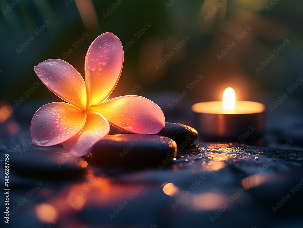 Frangipani flower, hot stones and candle in soft spa lighting with massage room background, tropical ambiance symbolizing Balinese relaxation, holistic therapy and wellness in a peaceful setting with
