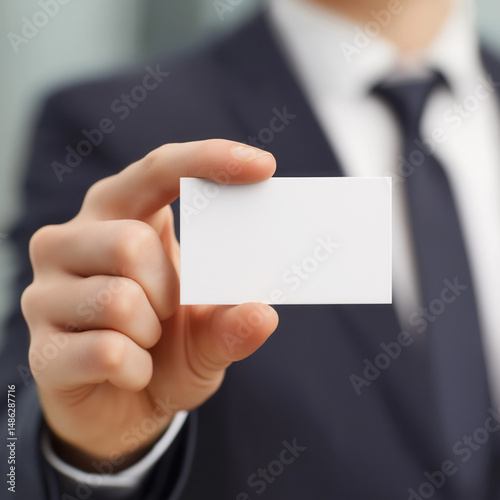 Businessman in suit holding blank white business card for corporate branding business card mockup