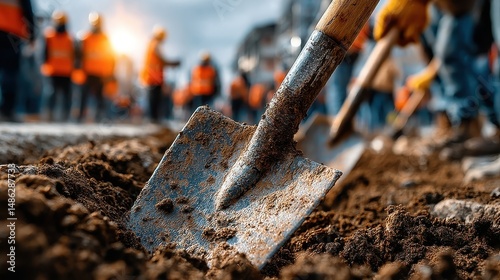 Workers digging at construction site with shovels, close-up of tools and vest