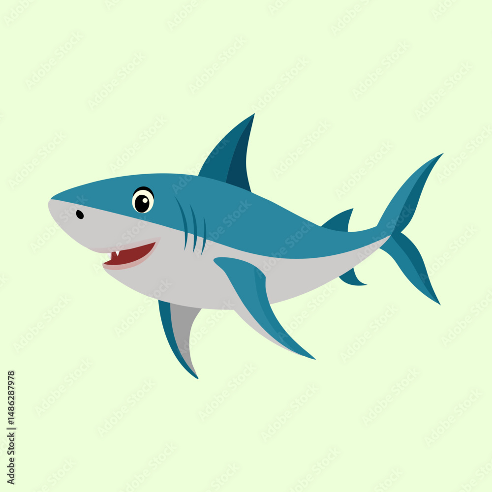 Obraz premium Cute Cartoon Shark Illustration with a Light Green Background Color