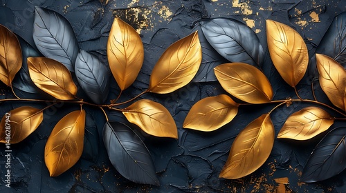 Modern abstract gold blue leaves high resolution photo