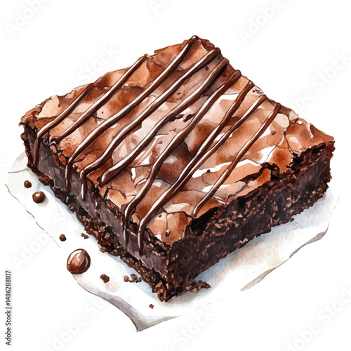 watercolor of Rich Slice Of Brownies With A Chocolate Drizzle, vector high quality, isolated on a white background.
