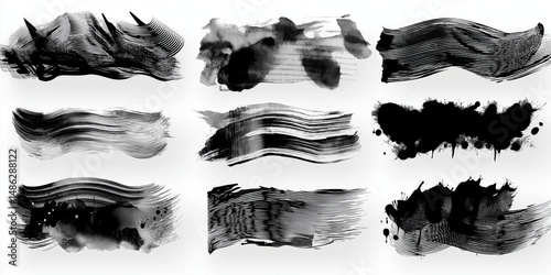 Set of different ink paint brush strokes isolated on white background. Vector illustration skapad av ai
