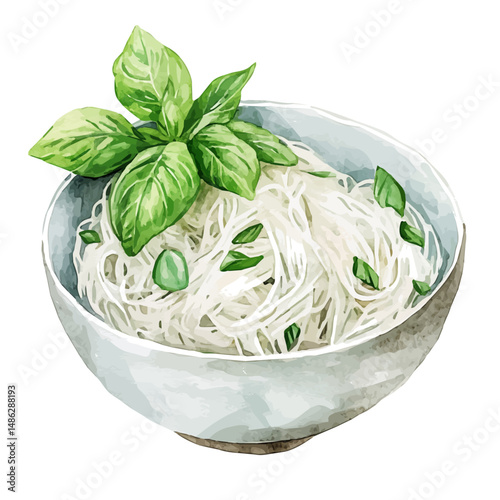 Rice Noodles With Fresh Herbs, watercolor vector, high quality, isolated on a white background.