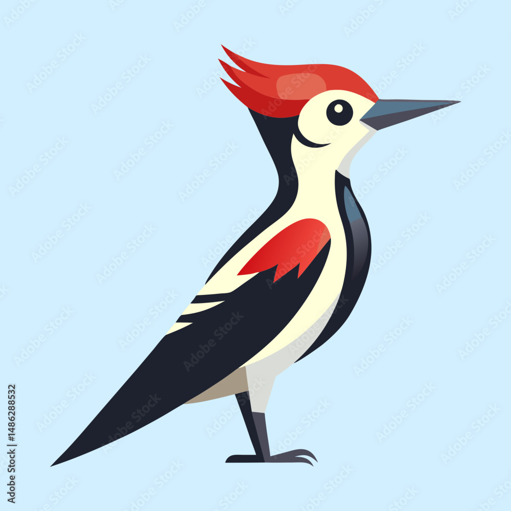 Fototapeta premium Stylized Woodpecker Illustration with Red Head Crest on Light Blue Background