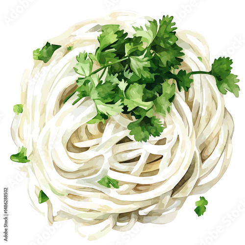 Rice Noodles With Fresh Herbs, watercolor illustration vector, high quality, isolated on a white background.