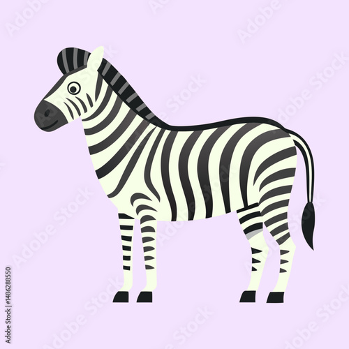 Stylized zebra with bold black and white stripes on a lilac backdrop