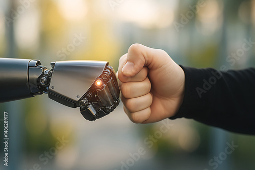 Humanoid Robot AI Agent Hologram Teaching Human During Singularity, Symbolizing AGI and Autonomous Superintelligence Future Tech photo