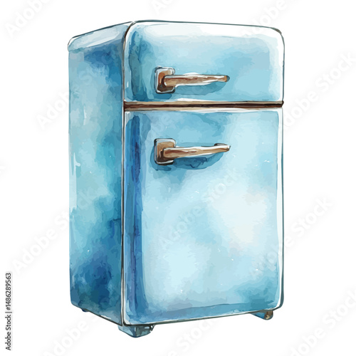 watercolor vector of Retro Icebox With Metal Handles, high quality, isolated on a white background.