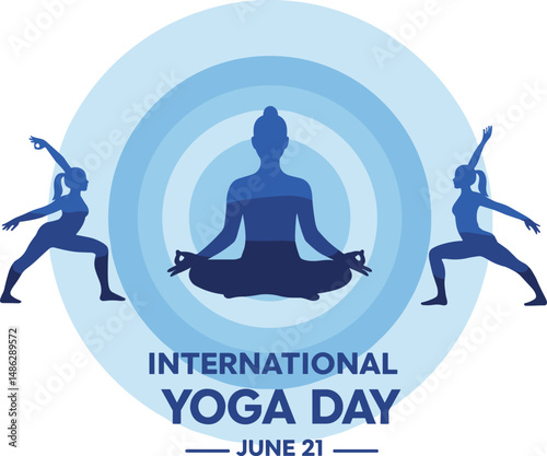 International Yoga Day - 21st June with Meditating Silhouette and Yoga Pose on Blue Gradient Background for Banner, Poster, and Templates etc