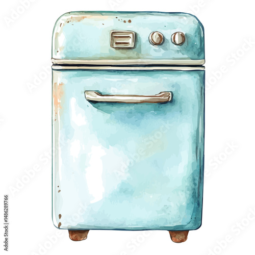 watercolor of Retro Icebox With Metal Handles, vector high quality, isolated on a white background.