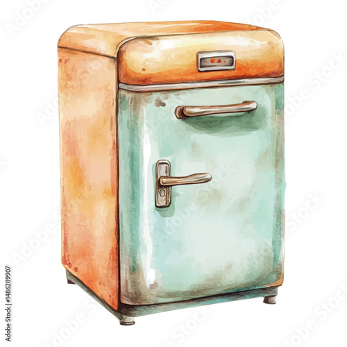 watercolor vector of Retro Icebox With Metal Handles, high quality, isolated on a white background.