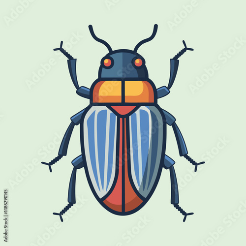 Cute cartoon beetle illustration with blue and orange shell on light green background