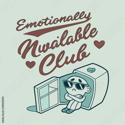Relatable Humor T-Shirt Design – Retro-Inspired Ice Cube Illustration Inside Heart Freezer with ‘Emotionally Unavailable Club’ Text in Varsity Style