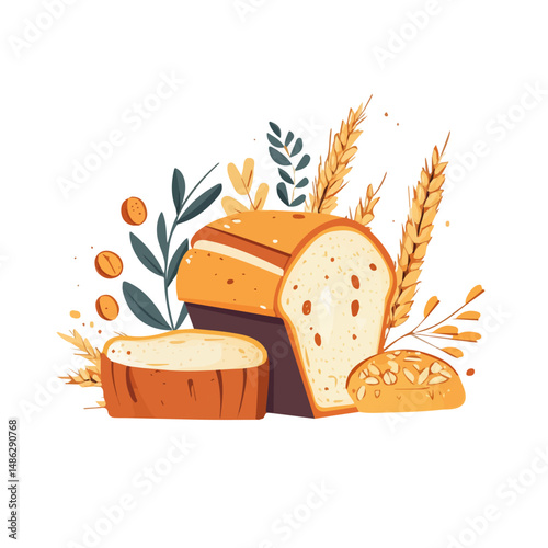 2D flat vector illustration of Whole Wheat Bread, isolated on a white background.