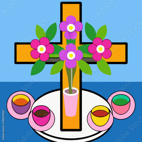 Spring flower cross centerpiece on a family dining table, perfect for Easter brunch décor and celebration themes.