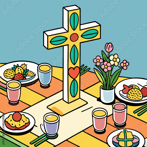 Spring flower cross centerpiece on a family dining table, perfect for Easter brunch décor and celebration themes.