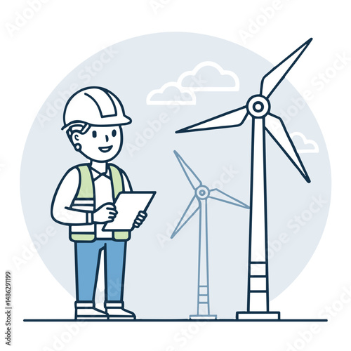 Construction worker examining wind turbines in renewable energy field  