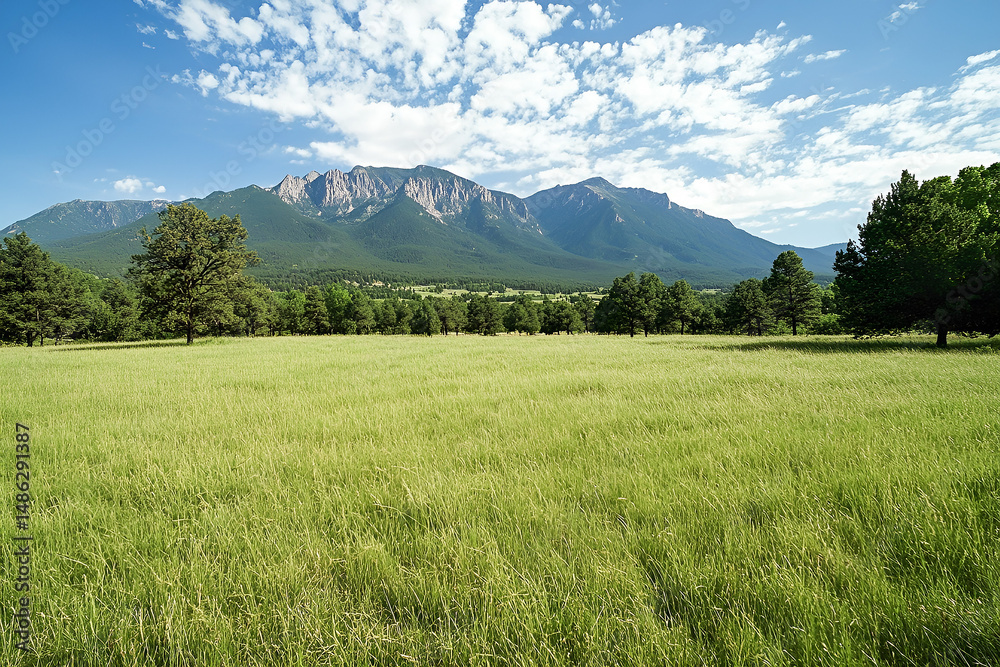 Obraz premium Lush green meadow with mountains under a beautiful sky offering natural scenery and tranquility depicting the great outdoors