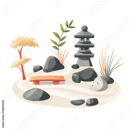 2D flat Zen Garden vector illustration, isolated on a white background.
