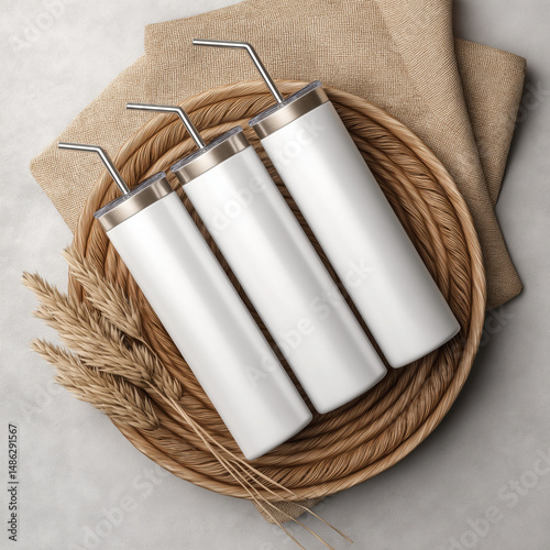 20oz White skinny tumblers with straws in wicker basket on beige fabric background