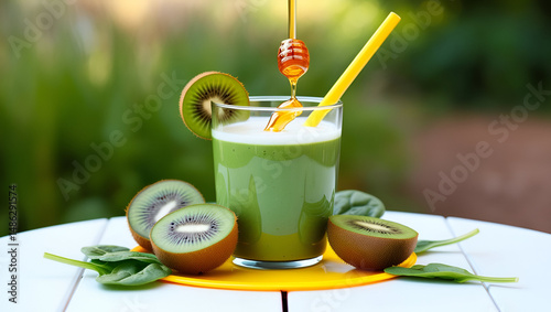 Refreshing green smoothie made with kiwi, spinach, honey, and milk in a glass jar, perfect for a healthy kids' snack