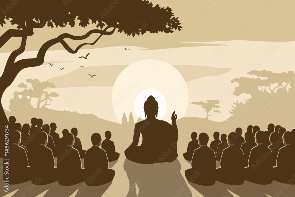 Fototapeta premium Buddha Teaching Disciples at Sunrise – Spiritual Gathering with Meditating Monks and Peaceful Nature Scene