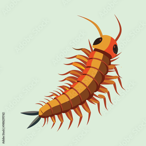 Stylized illustration of a reddishbrown centipede against a pale green background