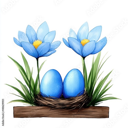 Pastel Blue Eggs and Flowers in Nest Spring Illustration
