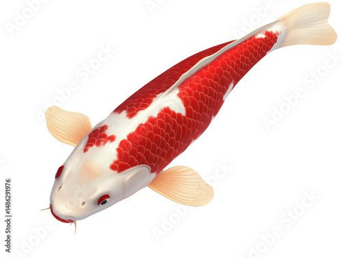 Realistic koi fish illustration with vibrant red and white colors for aquatic themes, isolated on transparent background, png