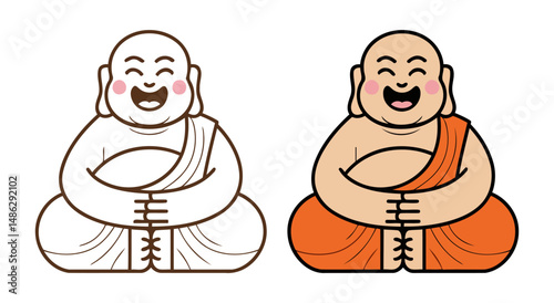 Smiling Laughing Buddha Cartoon – Fat Monk with Orange Robe in Sitting Pose and Hands Folded, Dual Style Illustration