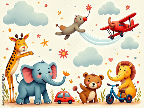 cute baby animals wallpaper mural for kids, hand drawn, bear, elephants, plane, cars, bike, 