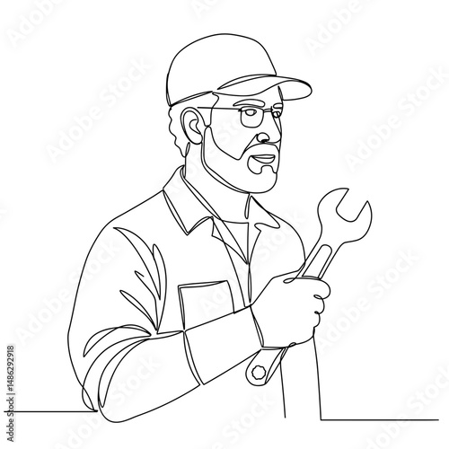Male mechanic holding wrench while standing with serious expression  