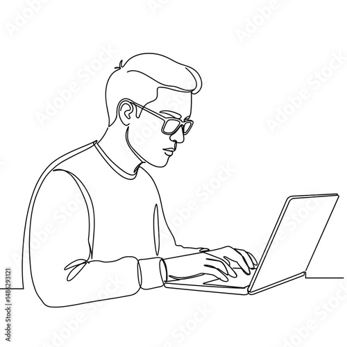 Linear portrait of a freelancer in glasses, minimalist style, monochrome color scheme, remote work and freedom