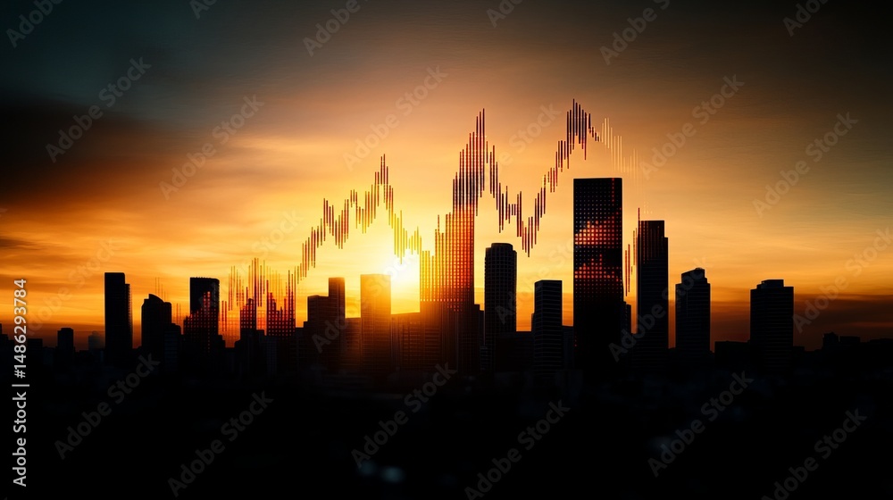 Fototapeta premium Cityscape silhouetted by a vibrant orange sunset shows overlayed financial chart data indicating a rising market trend.