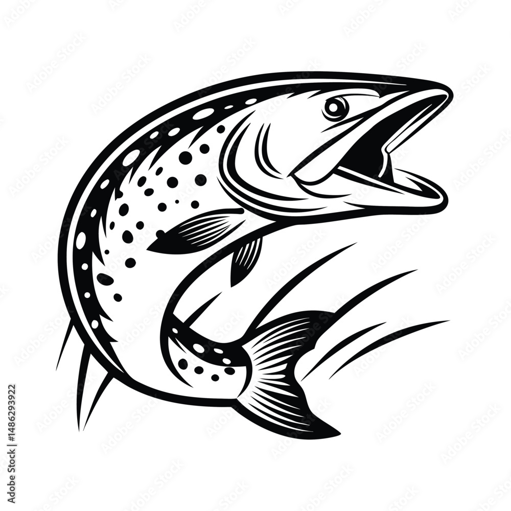 Fototapeta premium Leaping Fish Silhouette, Black and White Aquatic Animal, Open Mouth, Streamlined Tail