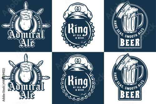 Vintage nautical beer emblems featuring overflowing beer glasses, captain's hat, ship's wheel, crown bottle cap, seafaring inspired typography, ideal for marine themed brewery branding and pub design