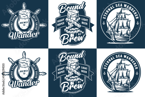 Vintage monochrome nautical beer emblems with overflowing mug in seashell, captain hat, rope frame, helm shaped barrel, ocean lager inscription, suitable for marine themed brewery branding