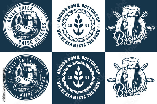 Nautical themed beer emblems featuring frothy pint, captain's hat, ship wheel, anchor. Maritime brewing design suited for summer events, beer festivals, seafaring pubs, coastal branding
